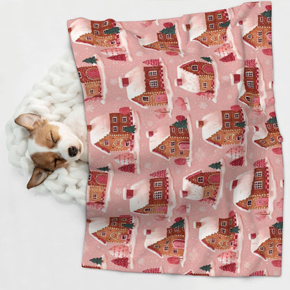 Waterproof Dog Blanket Soft Pet Blanket for Puppy Cat, Fleece Cat Throw Blankets for Furniture Bed Couch Sofa Reversible - Gingerbread Houses Pink Wonderland