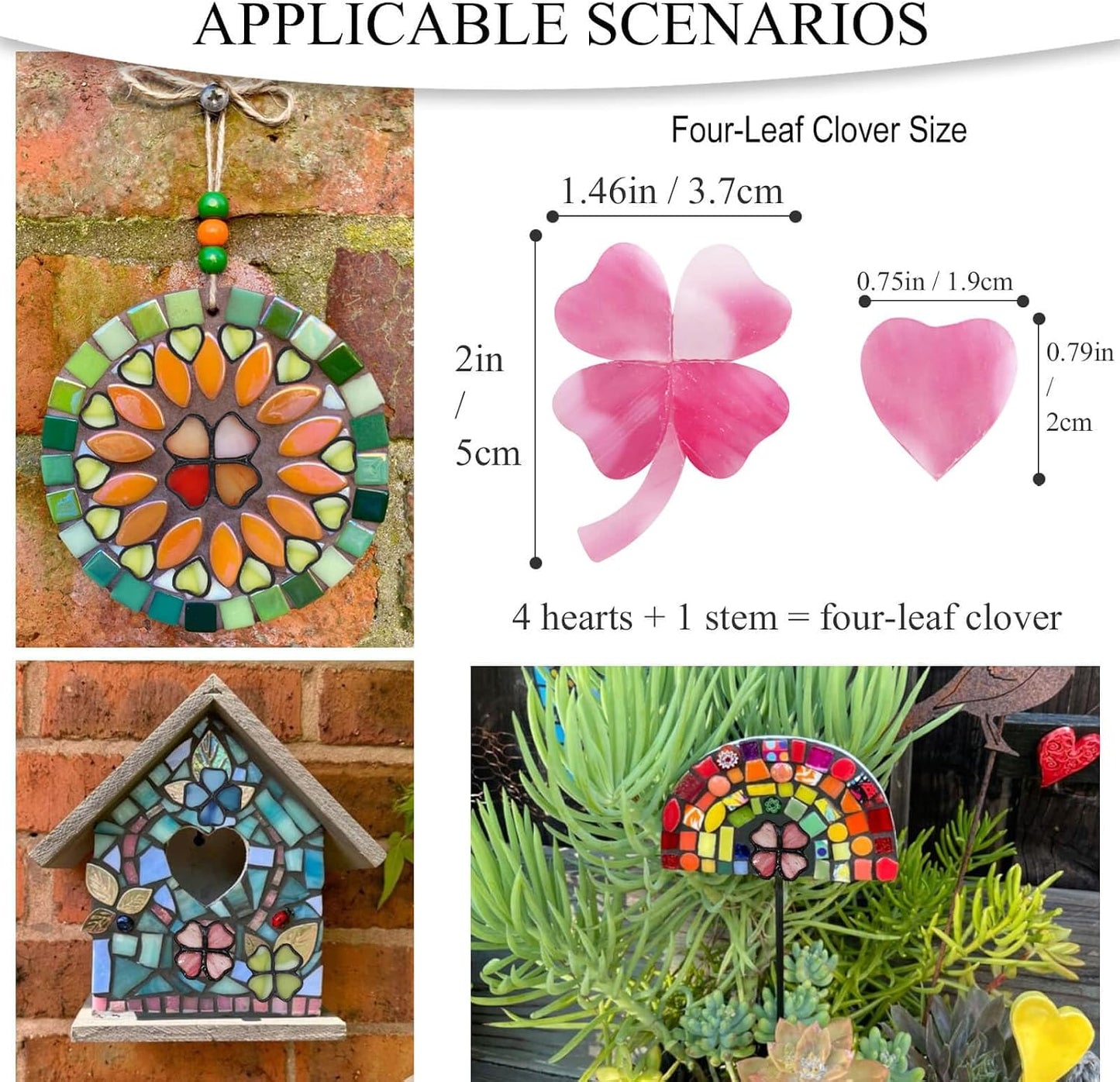 12 Four-Leaf Clover Set – Pink Opal Pre-Cut Heart-Shaped Stained Glass Mosaic Tiles & Pieces for DIY Crafts and Art Projects