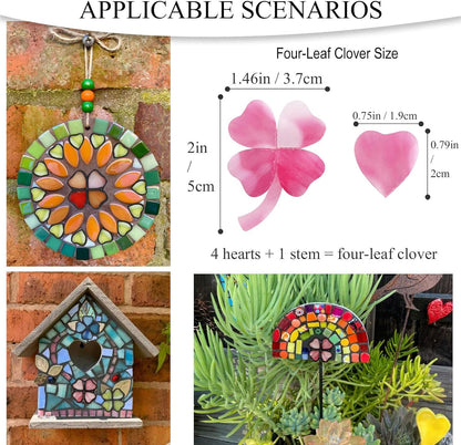 12 Four-Leaf Clover Set – Pink Opal Pre-Cut Heart-Shaped Stained Glass Mosaic Tiles & Pieces for DIY Crafts and Art Projects