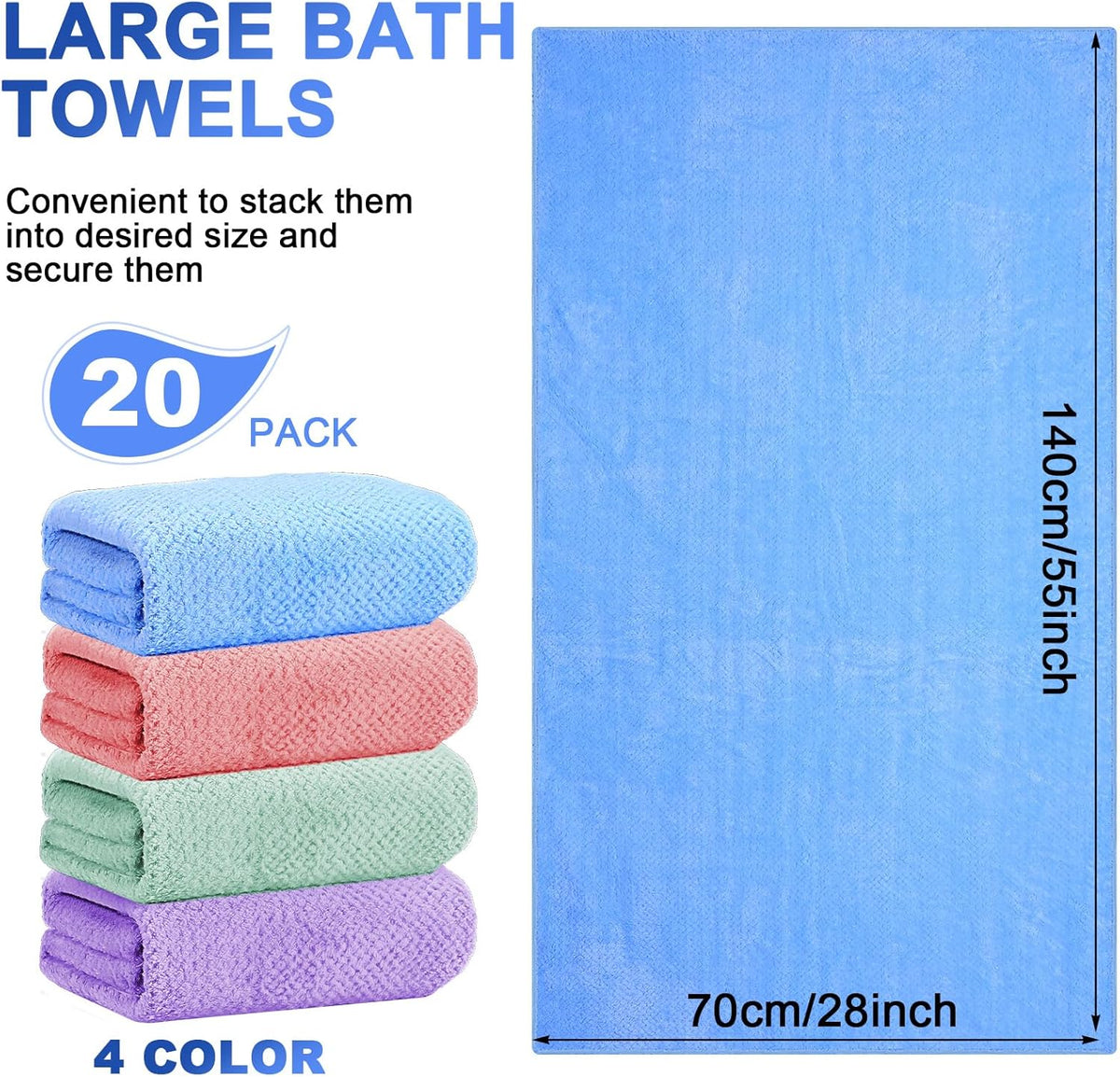 20 Pack Bulk Bath Towels Set, Large Quick Dry Bath Towels 55" x 28" for Spa, Gym, Salon, Hotel and Rental Use(Pink, Green, Blue, Purple)