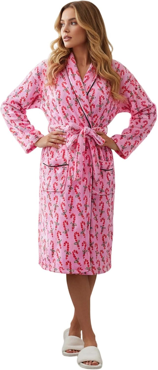 Women Christmas Plush Robe Long Sleeve Lapel Stripe Heart Candy Triangle Prints Kimono Bathrobe with Belt Sleepwear