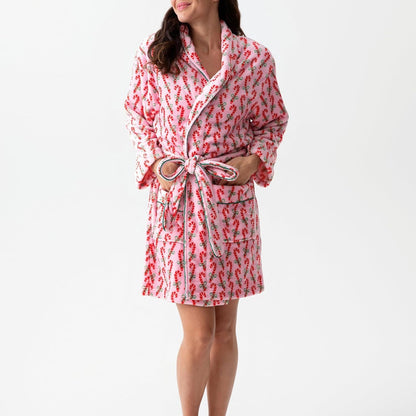 Women Christmas Plush Robe Long Sleeve Lapel Stripe Heart Candy Triangle Prints Kimono Bathrobe with Belt Sleepwear