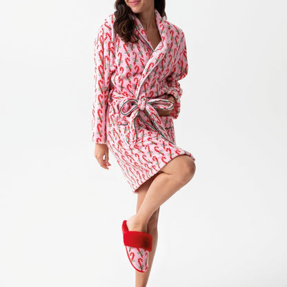 Women Christmas Plush Robe Long Sleeve Lapel Stripe Heart Candy Triangle Prints Kimono Bathrobe with Belt Sleepwear