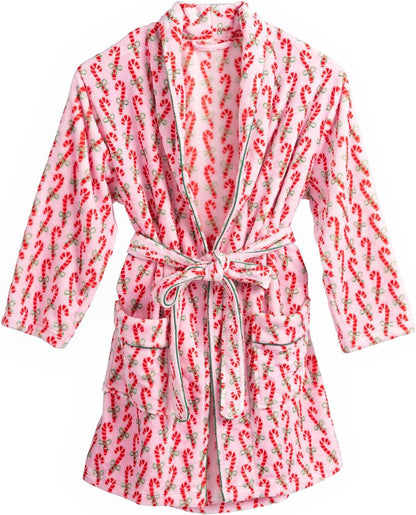 Women Christmas Plush Robe Long Sleeve Lapel Stripe Heart Candy Triangle Prints Kimono Bathrobe with Belt Sleepwear