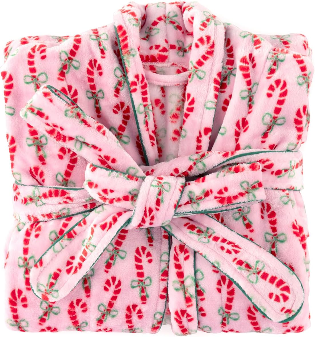 Women Christmas Plush Robe Long Sleeve Lapel Stripe Heart Candy Triangle Prints Kimono Bathrobe with Belt Sleepwear