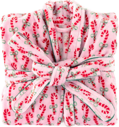 Women Christmas Plush Robe Long Sleeve Lapel Stripe Heart Candy Triangle Prints Kimono Bathrobe with Belt Sleepwear