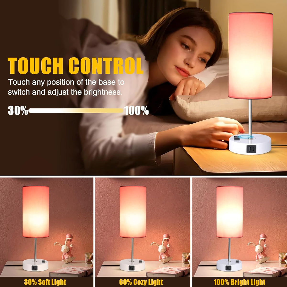 Table Lamp with USB Port - Desk Lamp Touch Lamp Bedside Lamps for Bedroom, 3 Way Dimmable Small Lamps for Living Room, Nightstand, Nursery, Dorm, Home, Office, White Base+ Pink Lampshade