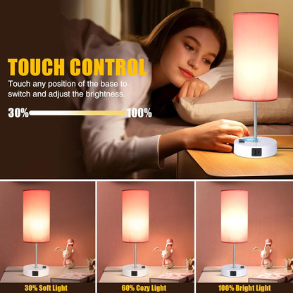 Table Lamp with USB Port - Desk Lamp Touch Lamp Bedside Lamps for Bedroom, 3 Way Dimmable Small Lamps for Living Room, Nightstand, Nursery, Dorm, Home, Office, White Base+ Pink Lampshade