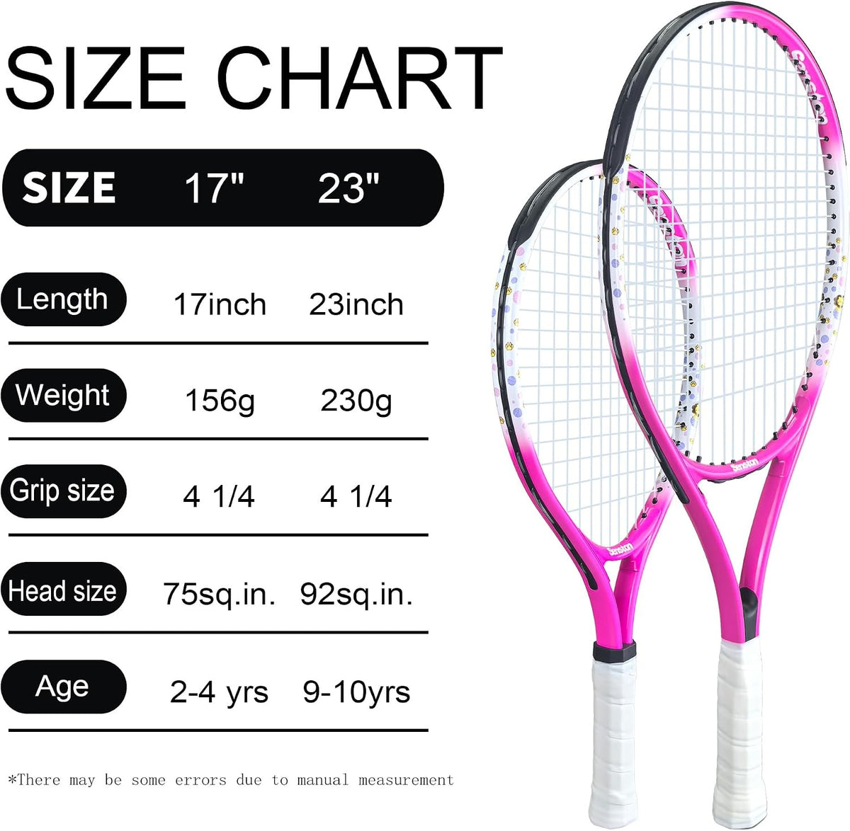 Kids Tennis Racket Set (17 & 23 Inch) - 1 Pack Junior Tennis Racquet, Lightweight Aluminum Frame, Includes Cover