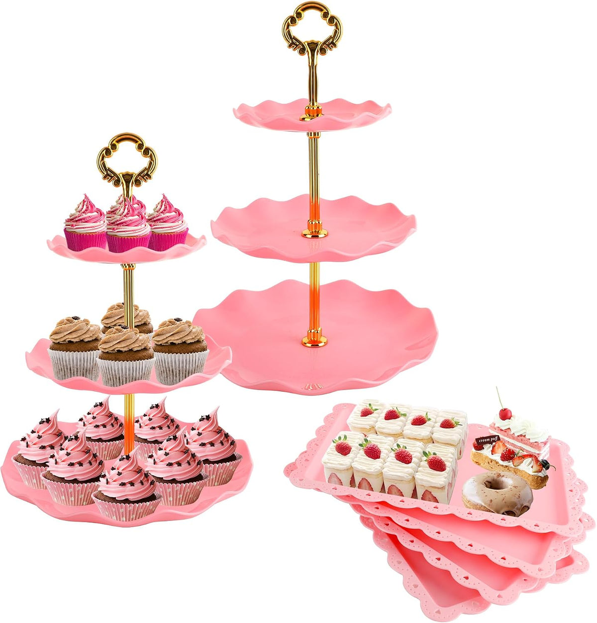 6 Pcs Cupcake Stand Set - Pink Plastic Dessert Table Display Set, 2X Pink Round 3 Tier Cupcake Display Stands Cookie Tray Rack Serving Tower & 4X 14 in Plastic Trays for Wedding Baby Shower Tea Party