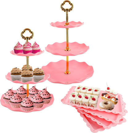 6 Pcs Cupcake Stand Set - Pink Plastic Dessert Table Display Set, 2X Pink Round 3 Tier Cupcake Display Stands Cookie Tray Rack Serving Tower & 4X 14 in Plastic Trays for Wedding Baby Shower Tea Party