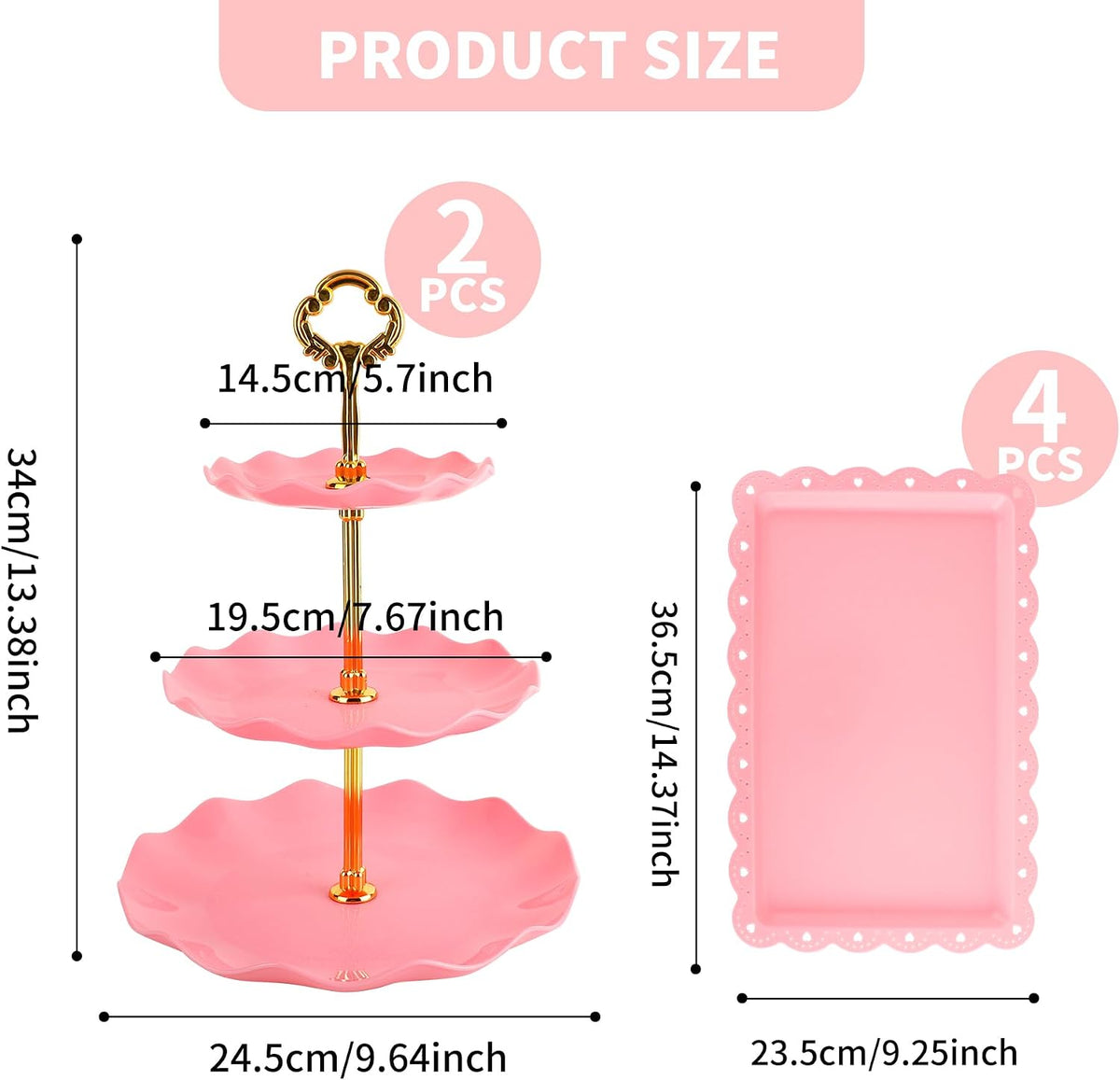 6 Pcs Cupcake Stand Set - Pink Plastic Dessert Table Display Set, 2X Pink Round 3 Tier Cupcake Display Stands Cookie Tray Rack Serving Tower & 4X 14 in Plastic Trays for Wedding Baby Shower Tea Party