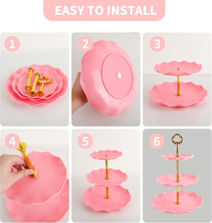 6 Pcs Cupcake Stand Set - Pink Plastic Dessert Table Display Set, 2X Pink Round 3 Tier Cupcake Display Stands Cookie Tray Rack Serving Tower & 4X 14 in Plastic Trays for Wedding Baby Shower Tea Party