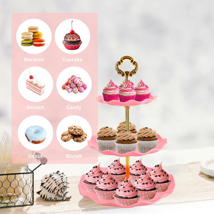 6 Pcs Cupcake Stand Set - Pink Plastic Dessert Table Display Set, 2X Pink Round 3 Tier Cupcake Display Stands Cookie Tray Rack Serving Tower & 4X 14 in Plastic Trays for Wedding Baby Shower Tea Party