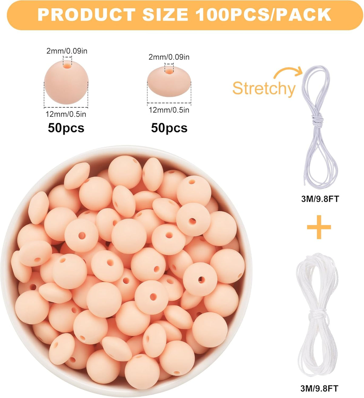 100Pcs 12mm Peach Silicone Beads