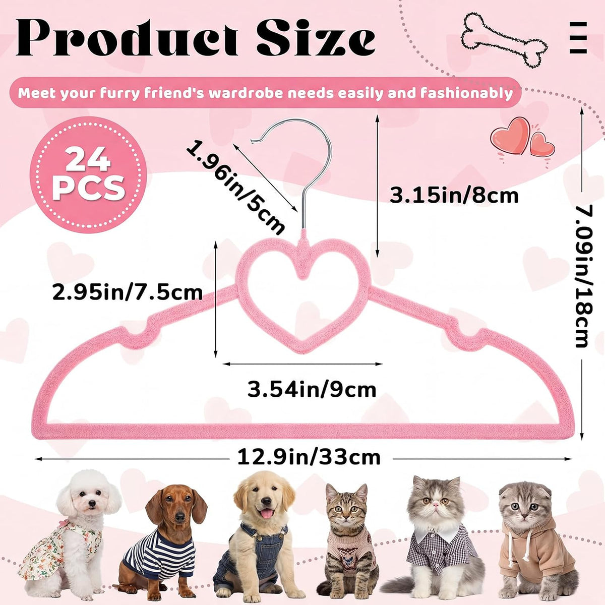 24 Pcs Pet Hangers 13'' Non-Slip Velvet Metal Hooks,Pink