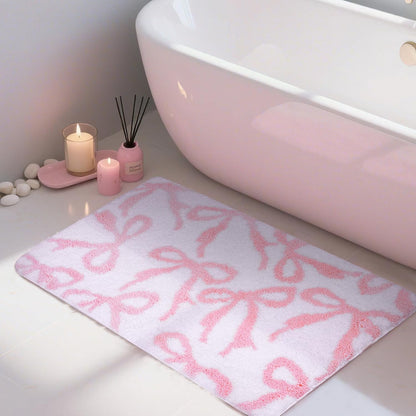 Pink Bow Rug Bathroom Rugs, Coquette Bath Mat Non-Slip Absorbent Cute Aesthetic Room Decor Bathmat, Washable Plush Carpet for Bathtub Shower, Bedroom, Kitchen (Pink, 20 x 32 inches)