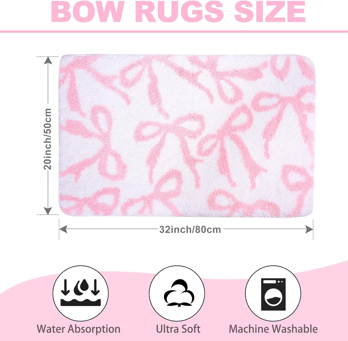 Pink Bow Rug Bathroom Rugs, Coquette Bath Mat Non-Slip Absorbent Cute Aesthetic Room Decor Bathmat, Washable Plush Carpet for Bathtub Shower, Bedroom, Kitchen (Pink, 20 x 32 inches)