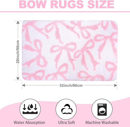 Pink Bow Rug Bathroom Rugs, Coquette Bath Mat Non-Slip Absorbent Cute Aesthetic Room Decor Bathmat, Washable Plush Carpet for Bathtub Shower, Bedroom, Kitchen (Pink, 20 x 32 inches)