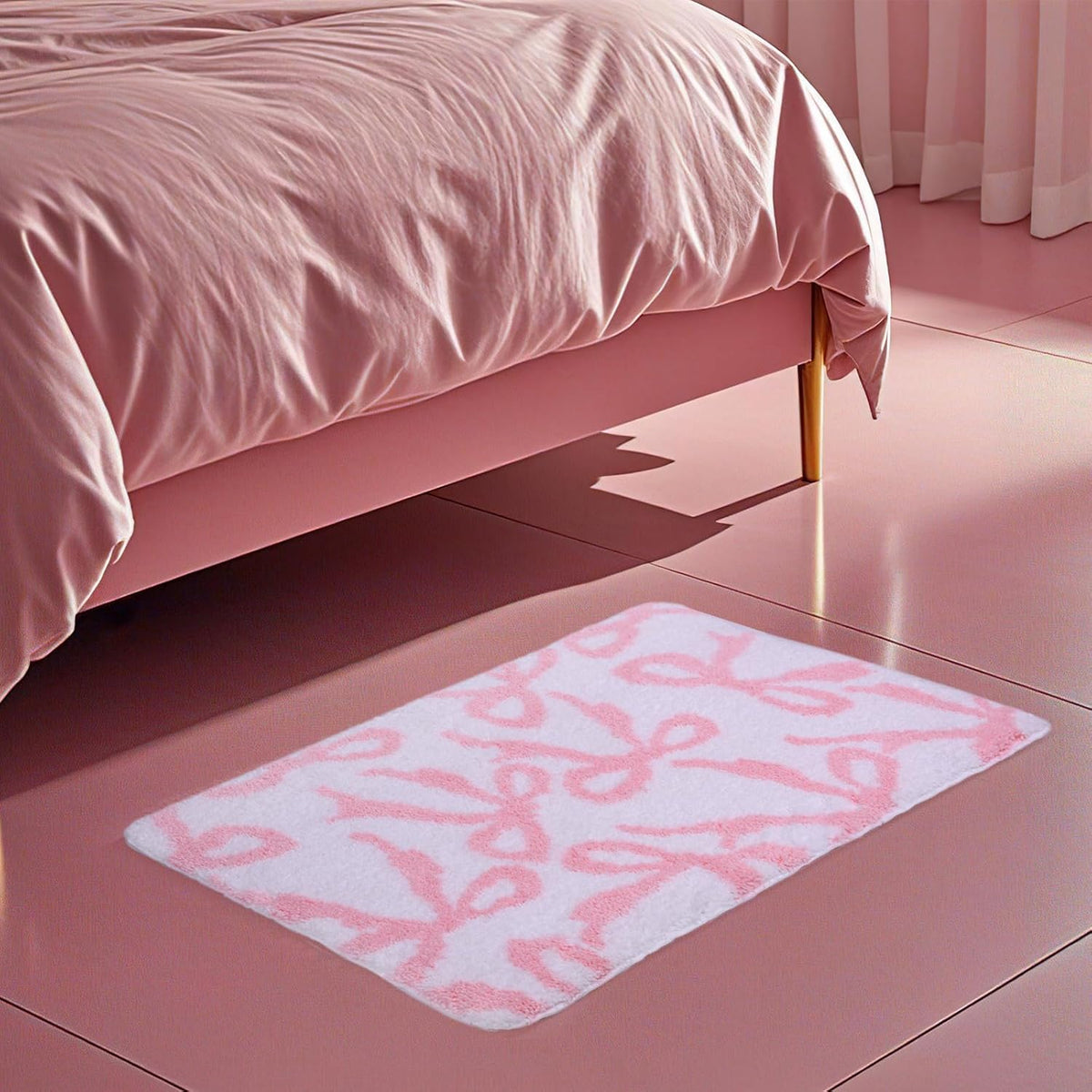 Pink Bow Rug Bathroom Rugs, Coquette Bath Mat Non-Slip Absorbent Cute Aesthetic Room Decor Bathmat, Washable Plush Carpet for Bathtub Shower, Bedroom, Kitchen (Pink, 20 x 32 inches)