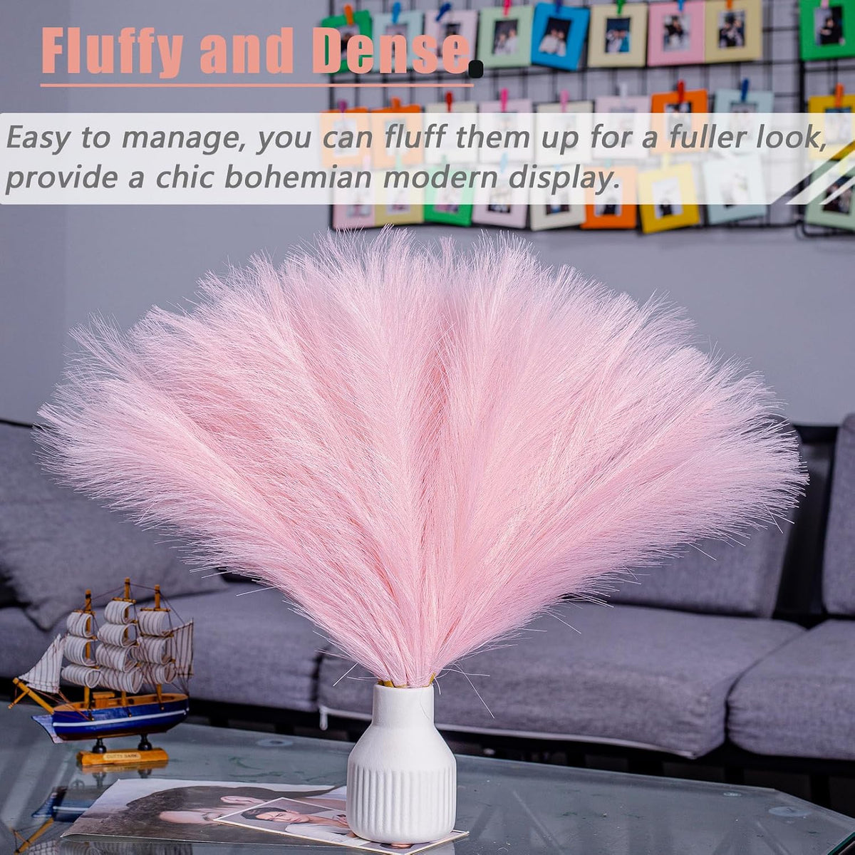 10 Stems Faux Pampas Grass Decor 17.7" Pink Pampas Grass Fluffy