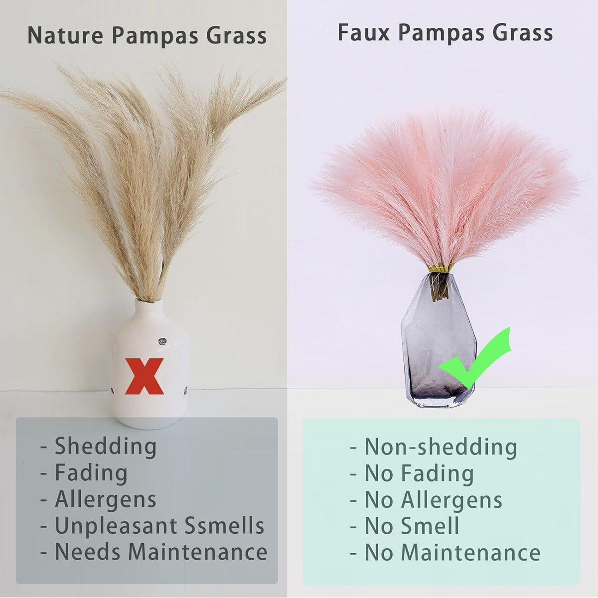 10 Stems Faux Pampas Grass Decor 17.7" Pink Pampas Grass Fluffy