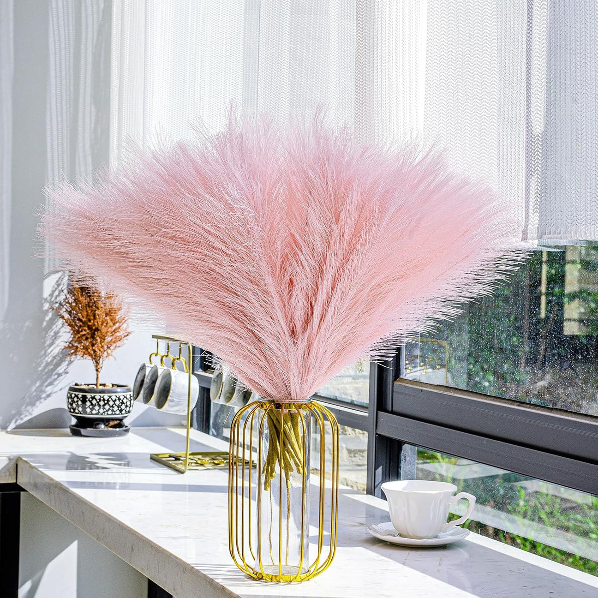 10 Stems Faux Pampas Grass Decor 17.7" Pink Pampas Grass Fluffy