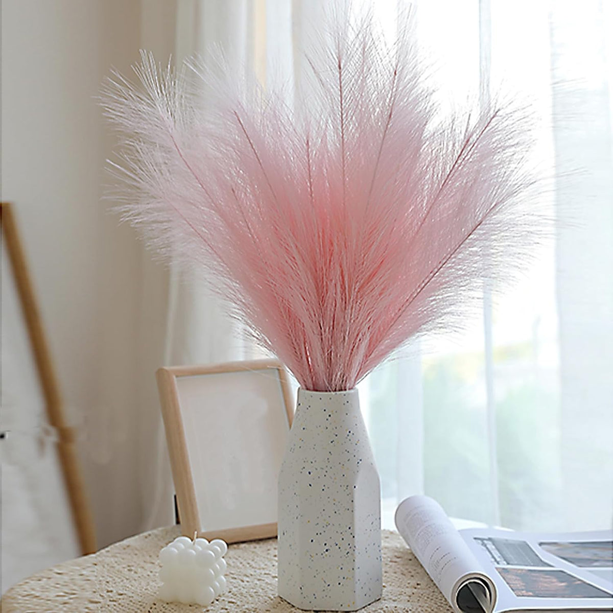 10 Stems Faux Pampas Grass Decor 17.7" Pink Pampas Grass Fluffy