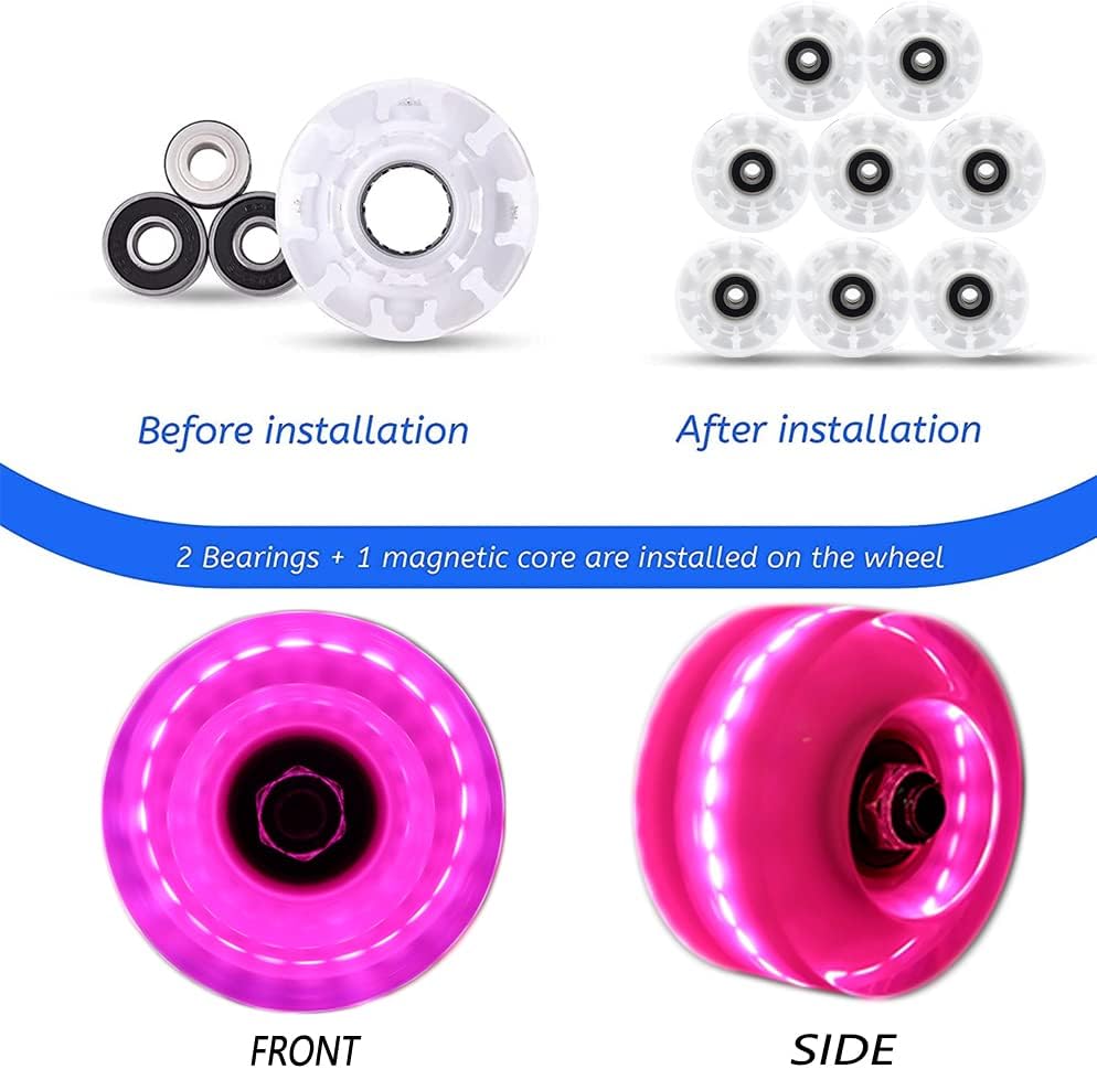 Light Up Roller Skate Wheels 8 Pack, 78A Hardness LED Skateboard Wheels with Premium ABEC-9 Bearings, Illuminating Roller Skate Accessories for Outdoor Indoor Quad Skates
