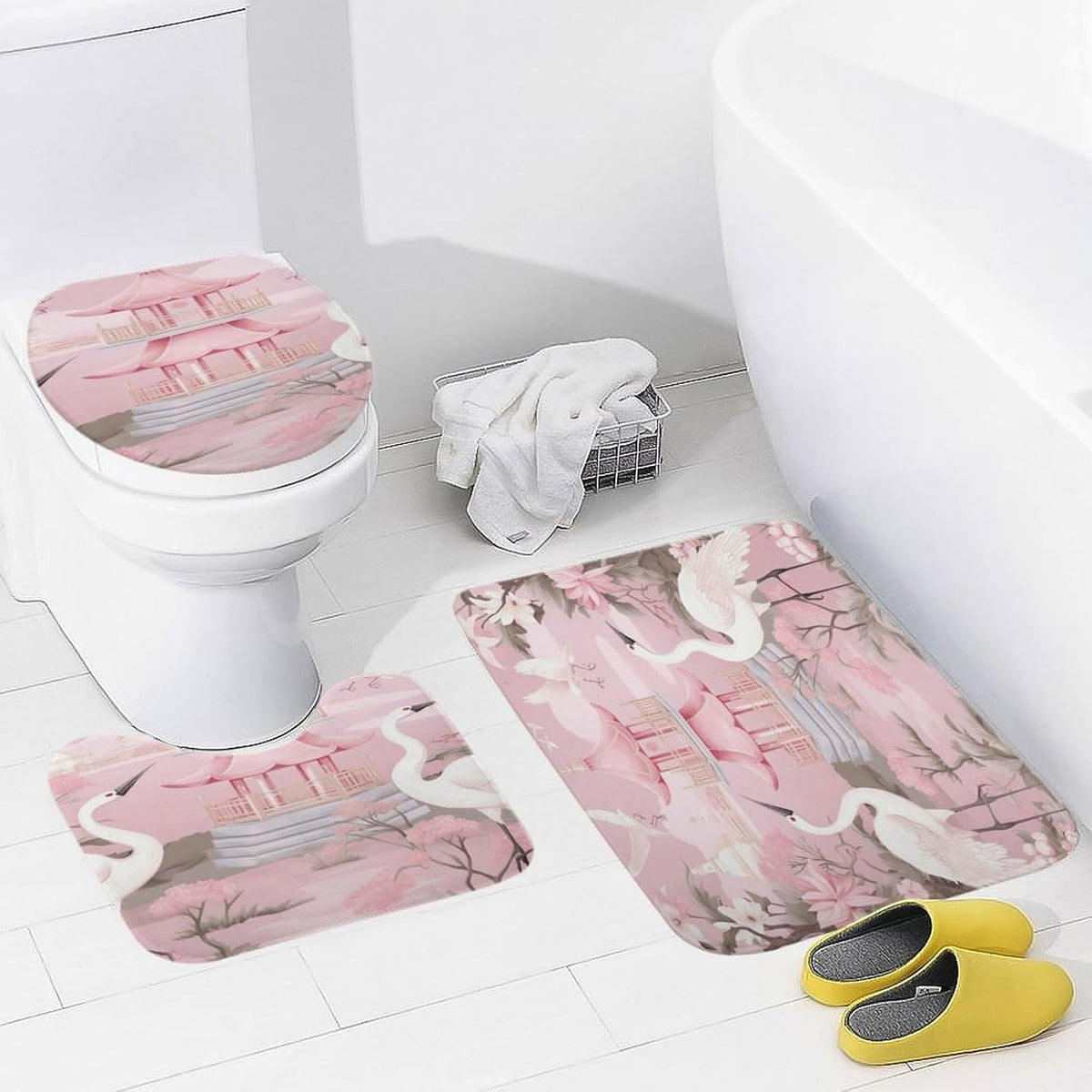 Chinoiserie Light Pink Pagoda and Cranes Bathroom Rugs Bath Mats Set 3 Piece 20"x32" Vintage Garden Plants Bath Rugs and U-Shaped Contour Toilet Rug Bath Mats Shower Mats Bath Rug Mat