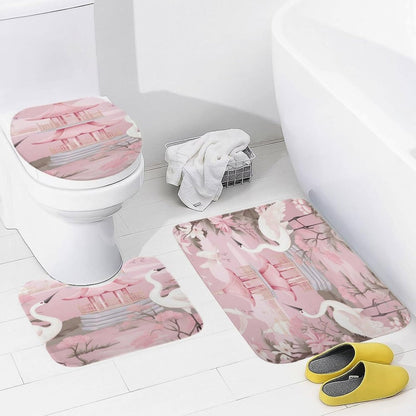 Chinoiserie Light Pink Pagoda and Cranes Bathroom Rugs Bath Mats Set 3 Piece 20"x32" Vintage Garden Plants Bath Rugs and U-Shaped Contour Toilet Rug Bath Mats Shower Mats Bath Rug Mat