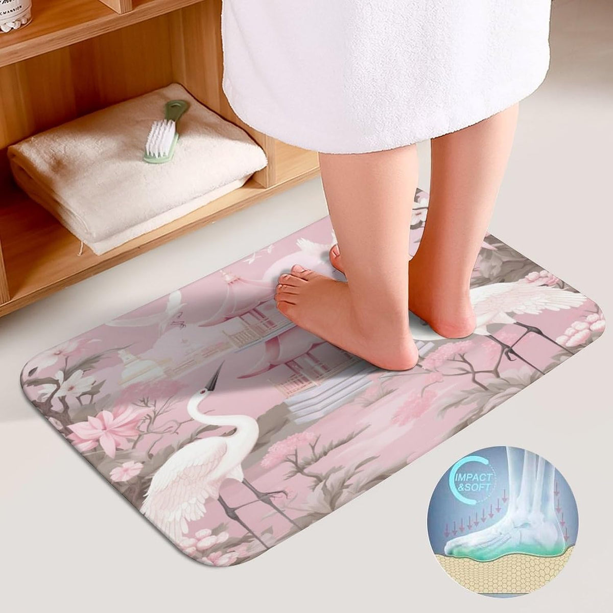 Chinoiserie Light Pink Pagoda and Cranes Bathroom Rugs Bath Mats Set 3 Piece 20"x32" Vintage Garden Plants Bath Rugs and U-Shaped Contour Toilet Rug Bath Mats Shower Mats Bath Rug Mat