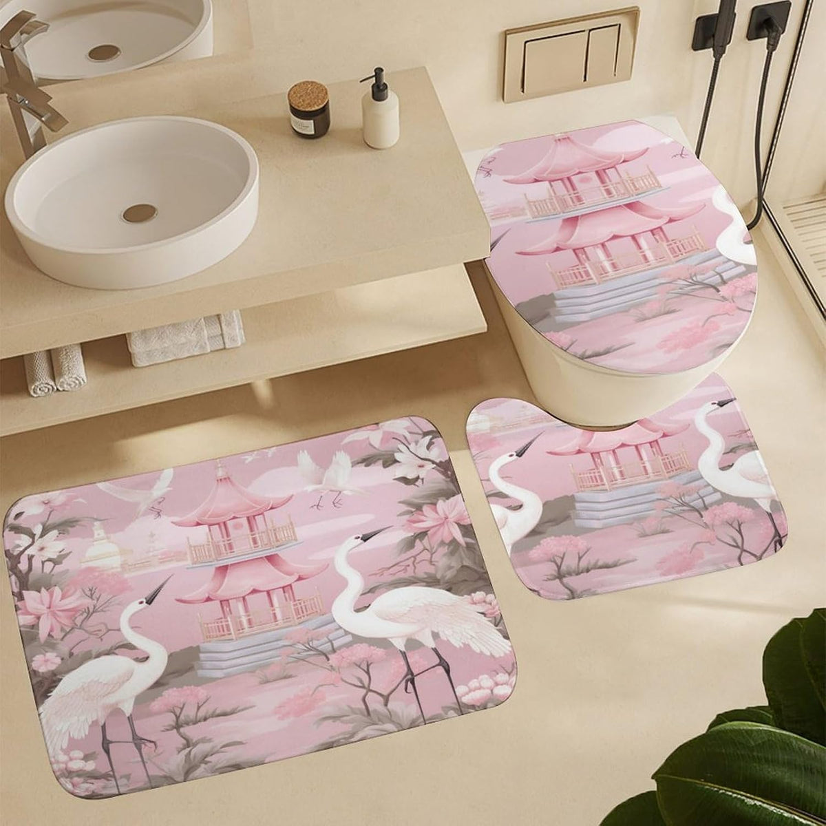Chinoiserie Light Pink Pagoda and Cranes Bathroom Rugs Bath Mats Set 3 Piece 20"x32" Vintage Garden Plants Bath Rugs and U-Shaped Contour Toilet Rug Bath Mats Shower Mats Bath Rug Mat
