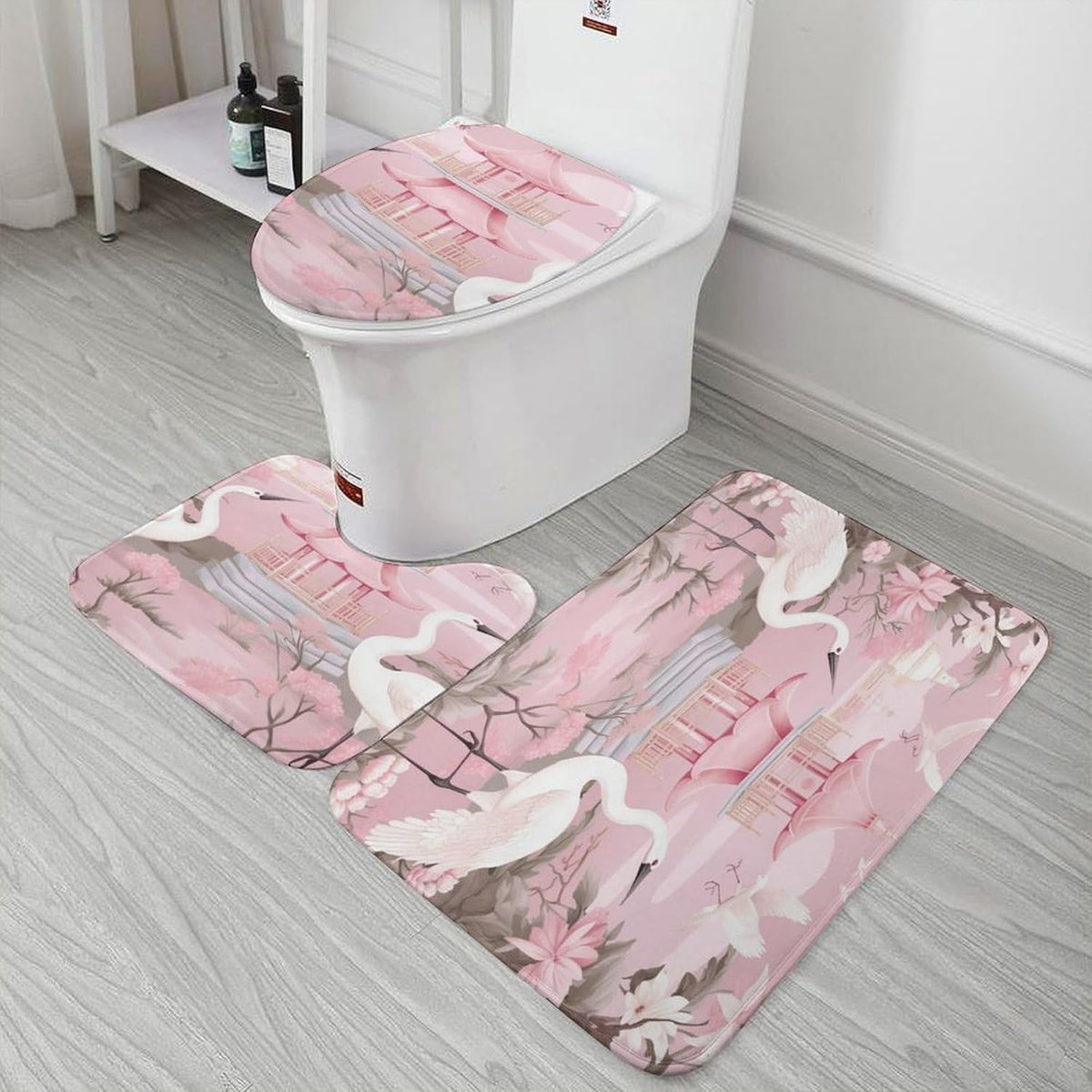 Chinoiserie Light Pink Pagoda and Cranes Bathroom Rugs Bath Mats Set 3 Piece 20"x32" Vintage Garden Plants Bath Rugs and U-Shaped Contour Toilet Rug Bath Mats Shower Mats Bath Rug Mat