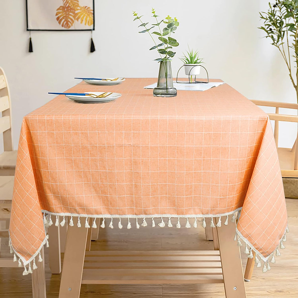 Rectangle Tablecloth Cotton Tablecloth Wrinkle Free Dust-Proof Table Cloth Checkered Design Tablecloth Heavy Weight Cotton Linen 55x86 Coral Embroidery Tassel Tablecloth for Home Kitchen