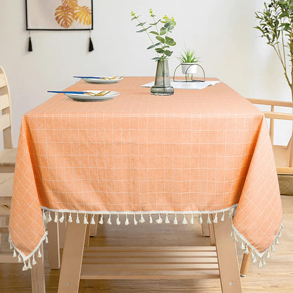 Rectangle Tablecloth Cotton Tablecloth Wrinkle Free Dust-Proof Table Cloth Checkered Design Tablecloth Heavy Weight Cotton Linen 55x86 Coral Embroidery Tassel Tablecloth for Home Kitchen