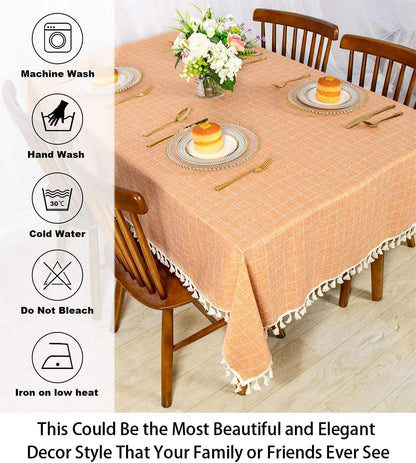 Rectangle Tablecloth Cotton Tablecloth Wrinkle Free Dust-Proof Table Cloth Checkered Design Tablecloth Heavy Weight Cotton Linen 55x86 Coral Embroidery Tassel Tablecloth for Home Kitchen