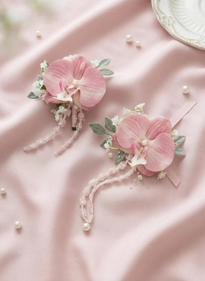 Pink Boutonniere and Corsage Set, Wedding Boutonniere Wrist Corsages Kit for Groom Groomsmen Bride Bridesmaid, Boutonnieres and Corsage Wristlet for Men Women Prom Party
