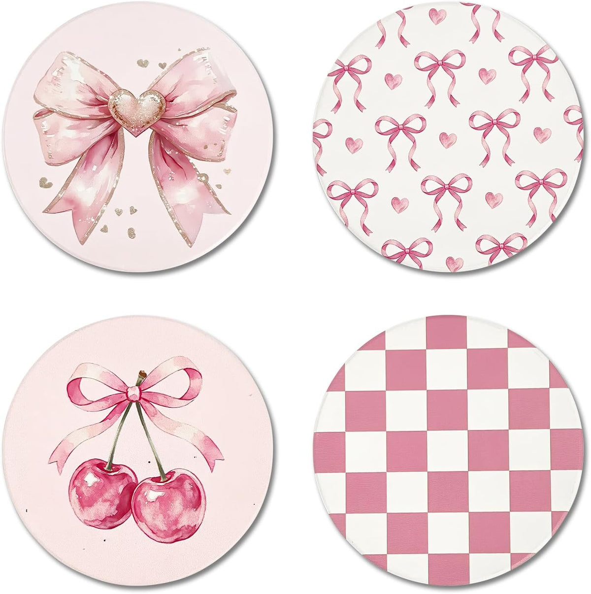 Pink Coasters Set of 4, Ceramic Drink Coasters with Cute Bow and Cherry, Absorbent Cork Backing Cup Mat for Mother's Day Valentine Baby Shower Birthday Home Kitchen Office Table Decor