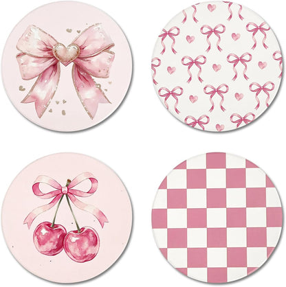 Pink Coasters Set of 4, Ceramic Drink Coasters with Cute Bow and Cherry, Absorbent Cork Backing Cup Mat for Mother's Day Valentine Baby Shower Birthday Home Kitchen Office Table Decor