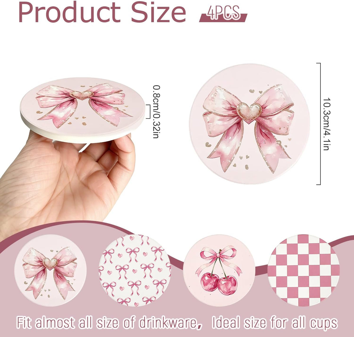 Pink Coasters Set of 4, Ceramic Drink Coasters with Cute Bow and Cherry, Absorbent Cork Backing Cup Mat for Mother's Day Valentine Baby Shower Birthday Home Kitchen Office Table Decor