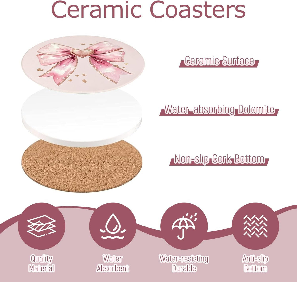 Pink Coasters Set of 4, Ceramic Drink Coasters with Cute Bow and Cherry, Absorbent Cork Backing Cup Mat for Mother's Day Valentine Baby Shower Birthday Home Kitchen Office Table Decor