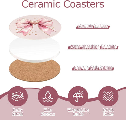 Pink Coasters Set of 4, Ceramic Drink Coasters with Cute Bow and Cherry, Absorbent Cork Backing Cup Mat for Mother's Day Valentine Baby Shower Birthday Home Kitchen Office Table Decor