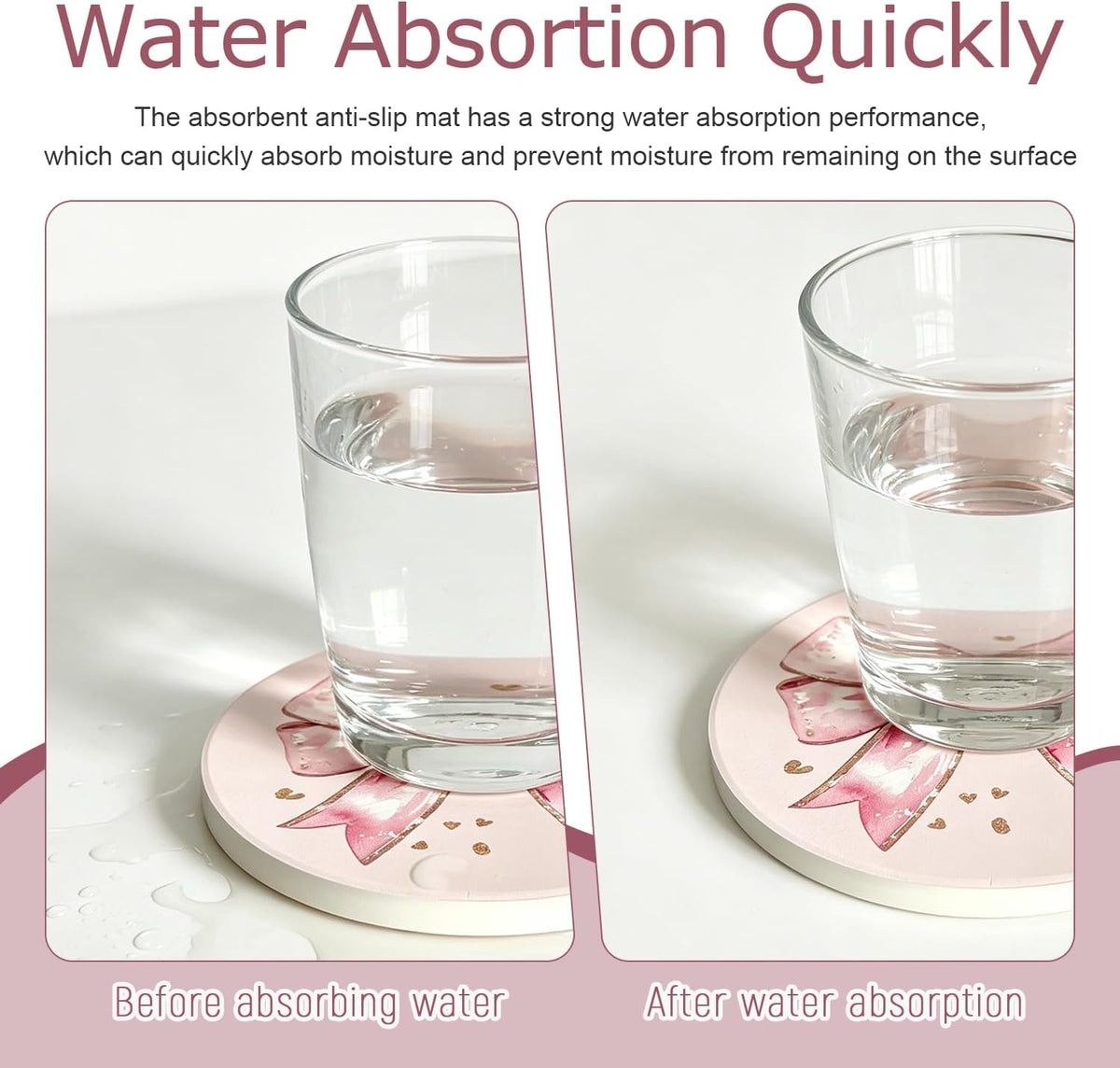 Pink Coasters Set of 4, Ceramic Drink Coasters with Cute Bow and Cherry, Absorbent Cork Backing Cup Mat for Mother's Day Valentine Baby Shower Birthday Home Kitchen Office Table Decor