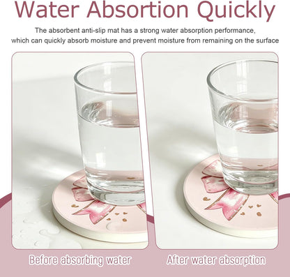 Pink Coasters Set of 4, Ceramic Drink Coasters with Cute Bow and Cherry, Absorbent Cork Backing Cup Mat for Mother's Day Valentine Baby Shower Birthday Home Kitchen Office Table Decor