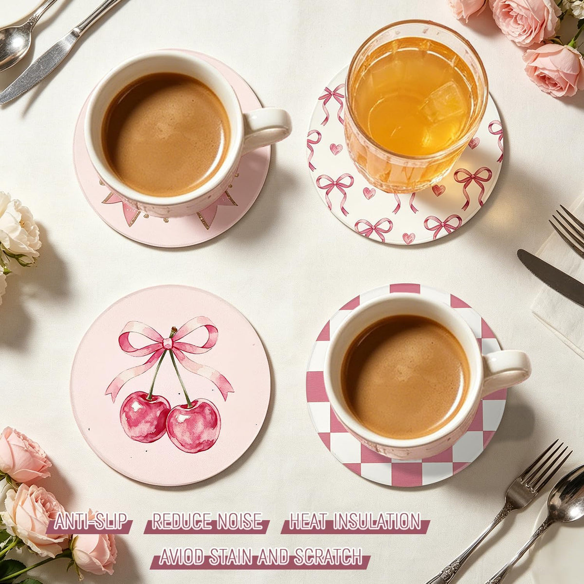 Pink Coasters Set of 4, Ceramic Drink Coasters with Cute Bow and Cherry, Absorbent Cork Backing Cup Mat for Mother's Day Valentine Baby Shower Birthday Home Kitchen Office Table Decor