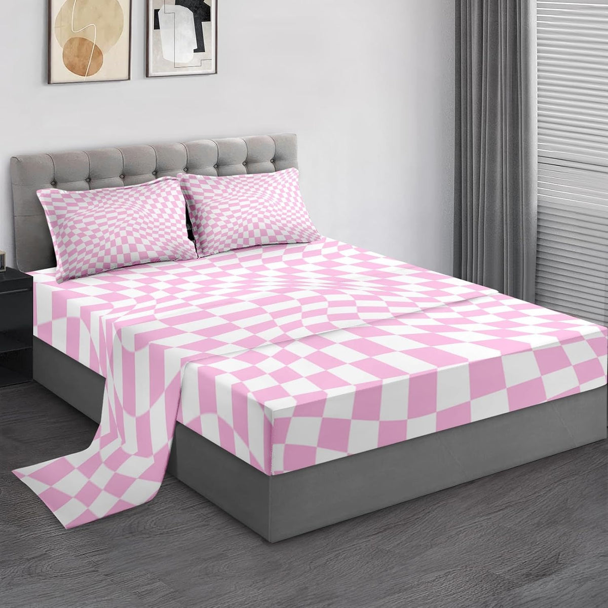 Twin Bed Sheet Set, 3 Pieces Pink Checkerboard Bedding with Flat