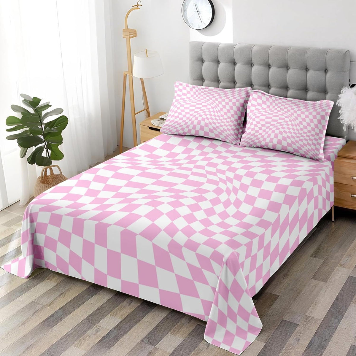 Twin Bed Sheet Set, 3 Pieces Pink Checkerboard Bedding with Flat