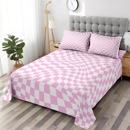 Twin Bed Sheet Set, 3 Pieces Pink Checkerboard Bedding with Flat