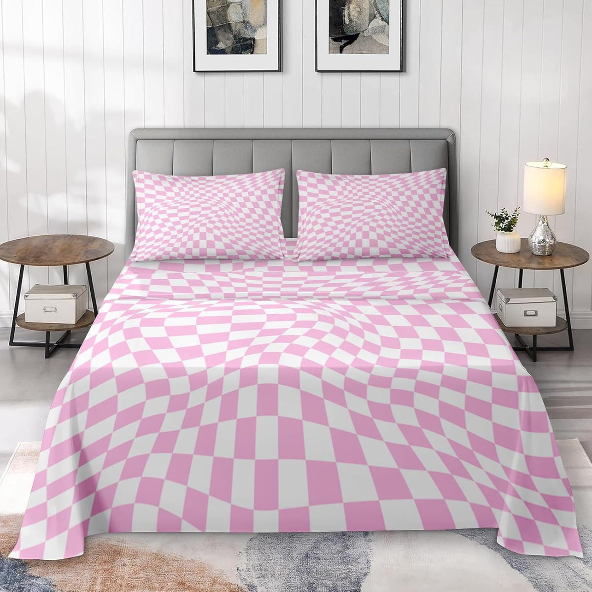 Twin Bed Sheet Set, 3 Pieces Pink Checkerboard Bedding with Flat